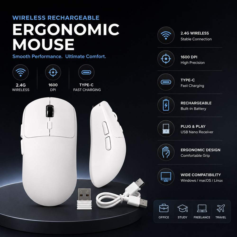 Wireless Rechargeable Mouse | Type-C Fast Charging | 2.4GHz USB Receiver | Lightweight Design | Silent Click