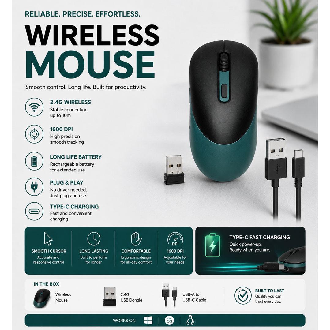 Wireless Rechargeable Ergonomic Mouse with Type-C Fast Charging – 2.4G USB, 1600 DPI, Silent & Comfortable Design
